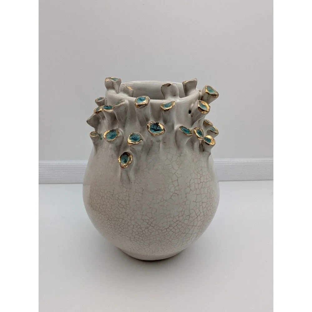 Anemone Bud Vase Small Barnacle Vase, Teal & Gold 4.5 inch